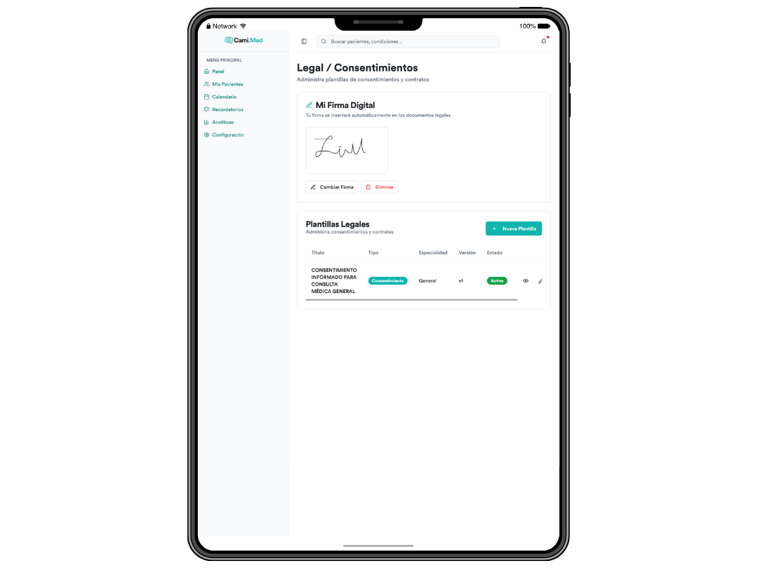 Consentimiento informado generado en Cami.Med, en una tablet