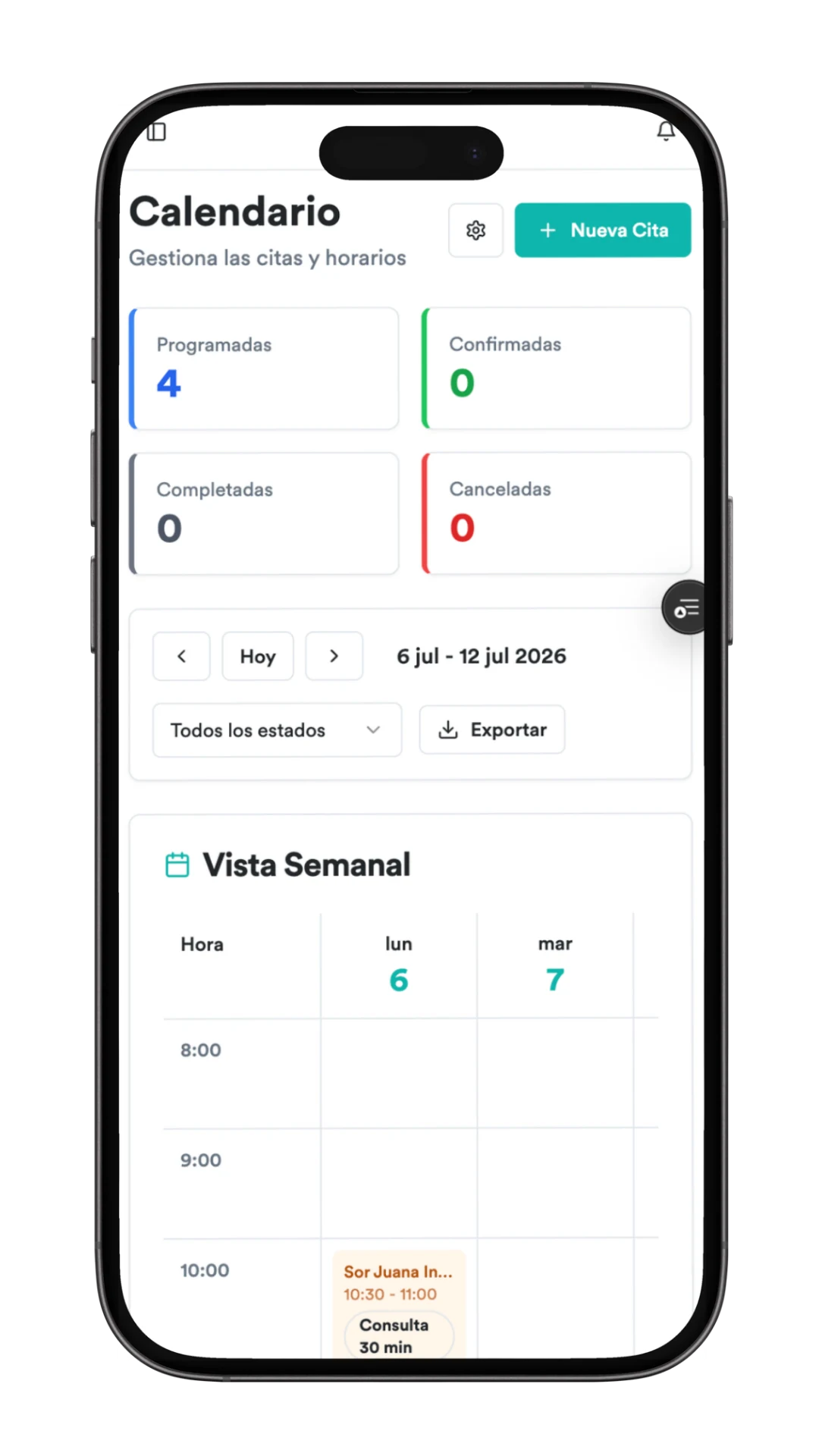 Calendario de citas de Cami.Med en un teléfono